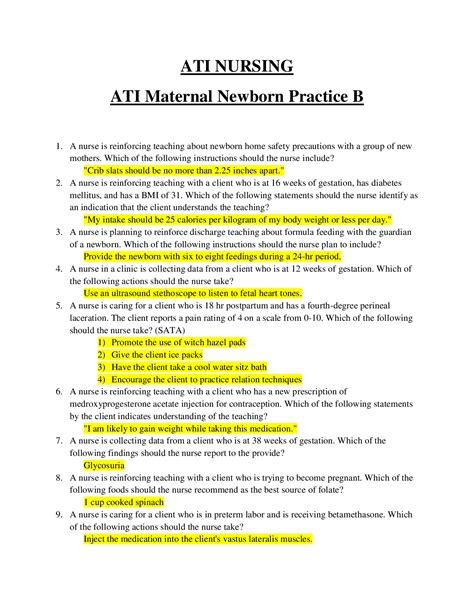 May 26, 2023 · The maternal and newborn study is not an easy subject. If you're learning it, then you must try this ATI Maternal Newborn final study guide practice test that is given below. In this test, you'll get a chance to revise your concepts and even learn something new. This is not an official test from ATI but just a similar one with essential exam questions so that you can get prepared for this ...