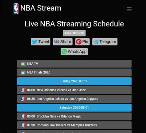 Rnbastreams. NBA-Streams.app. This site provides an updated schedule of NBA games with streaming links. It covers games airing on national channels like ESPN/ABC and TNT as well as local team broadcasts. Links are sourced from various streaming services and channels. 
