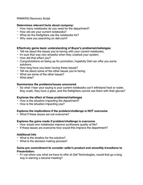 View full document. RNMKRS Sales Mission: Secure a next meeting with Alex and his supervisor. Opening Goals: Gives a professional introduction. Effectively builds rapport. Communicates agenda for the meeting. Smoothly transitions into Discovery. Script Plan: My name is Amelia, I'm a sales account executive at Dell..