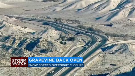 FRESNO, Calif. (KFSN) -- Traffic was flowing Wednesday evening on Interstate 5 over the Grapevine following an hours-long closure. A winter storm brought snow and ice, forcing the California .... 