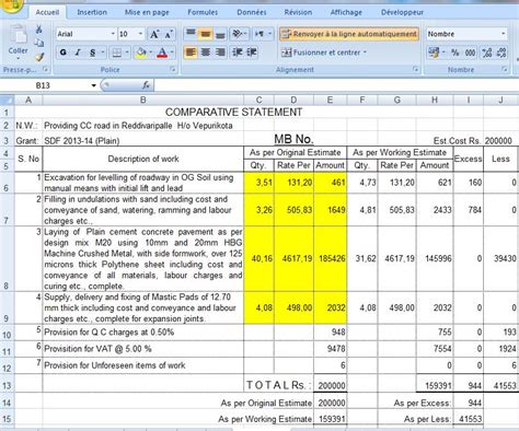 Road estimate template in excel format Civil engineering program