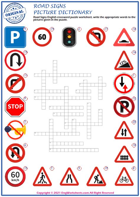 Road sign symbol crossword. Priority signs. Priority signs, including STOP, GIVE WAY, and LEFT TURNER MUST GIVE WAY, command attention for a reason. They dictate the right of way, ensuring an orderly and safe traffic progression. Stop Sign: Octagonal red sign with "STOP" written in white. Requires drivers to come to a complete stop before proceeding. 