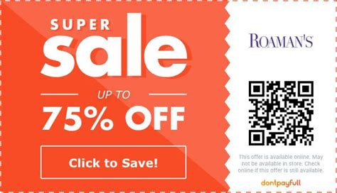 Roamans promotional code. From there, our merchandising team sorts through validated codes and hand picks the best coupons for our users. Learn How We Verify Coupons. Editor's Choice. May 26, 2024. 20%. OFF. SITEWIDE CODE. 20% off any order. Reveal Code. 