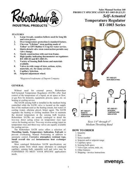 Robertshaw RT-1003 Series Self Actuated Temperture Regulators