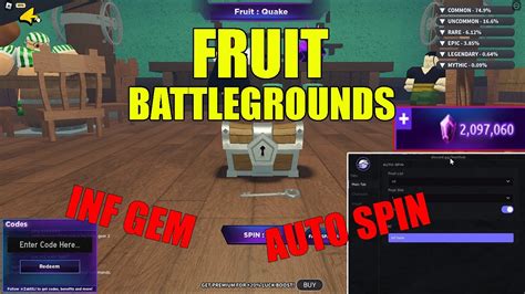 The codes you redeem most often will reward you with Gems. You use them for activities in the game, like spinning for fruits. One spin costs 50 Gems and grants you 0.14% to get legendary fruit. Fruit Battlegrounds Codes List Active Fruit Battlegrounds Codes (Working) QU1CKR3B00T—Redeem for 350 Gems (New) GETTINTHERE490—Redeem for …. 