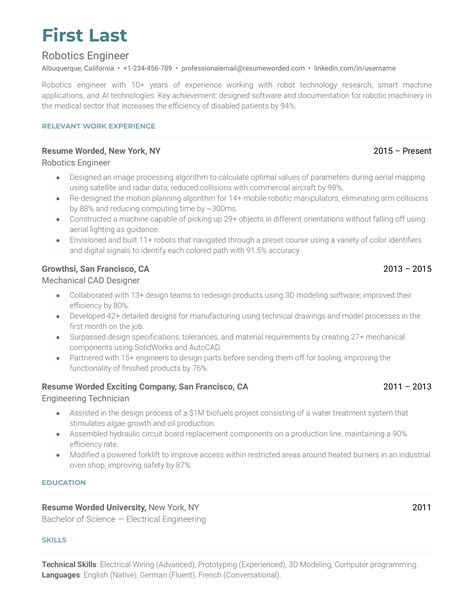 Robotics resume example