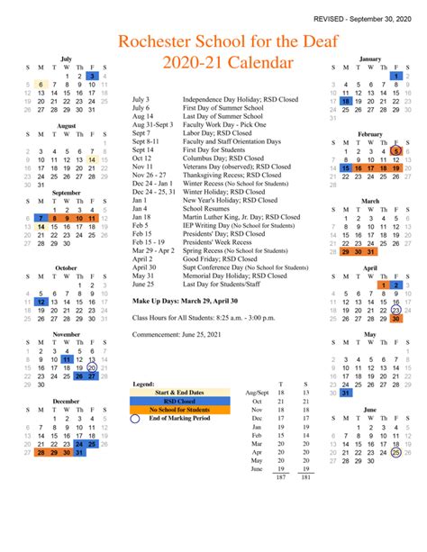 Rochester Academic Calendar