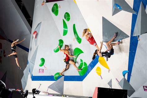 Rock climbing comp.  Indoor Bouldering Competition.  The three competition climbing d...