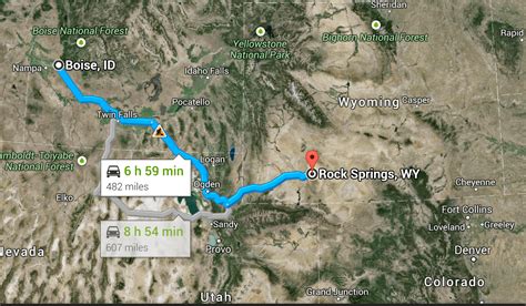 There are 383.07 miles from Rock Springs to Boise in northwest direction and 488 miles (785.36 kilometers) by car, following the I-84 route. Rock Springs and Boise are 6 hours 28 mins far apart, if you drive non-stop . . 
