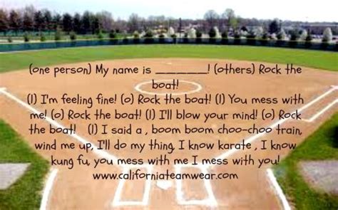 The rock softball tournament; Rock the boat softball cheer lyrics; Softball Cheer Rock The Boat Hey dont be a fool were #1 let's have some fun Aussumption Royals are #1 Woo woo. Here's the top 10 list of softball cheers not determined by any scientific research or polling. L-sweetest thing you'll ever meet. We know the game and stealing too .... 