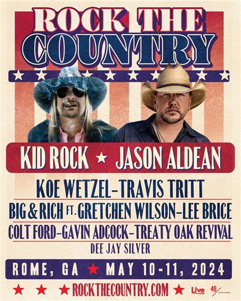 Rock the country.com. We found tickets to Kid Rock and Jason Aldean's 2024 'Rock The Country Tour' at small towns with special guests Lynyrd Skynyrd, Miranda Lambert, Hank Williams Jr., Koe Wetzel and Brantley Gilbert. 