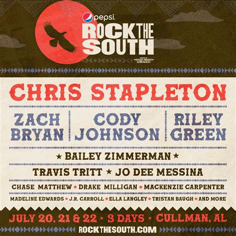 Rock the south. Dec 1, 2023 · Eric Church, Jelly Roll, Hardy and more are the headliners for next year’s Pepsi Rock the South Festival. Alabama Tourism Dept. named the festival the state’s Event of the Year. Nathan Baugh ... 