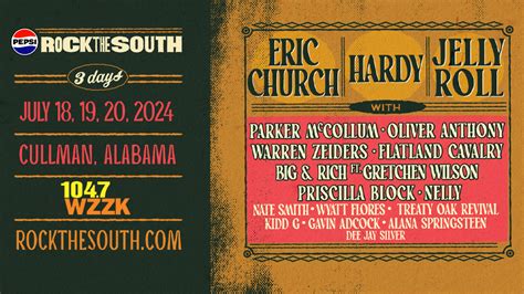 Rock the south 2024. Eric Church, Hardy and Jelly Roll are headlining the Pepsi Rock the South 2024 Festival on July 18-20, 2024 in Cullman, Alabama. The festival posted on social media: “We’re baaaaaaaack! The 2024 Rock the South lineup is 