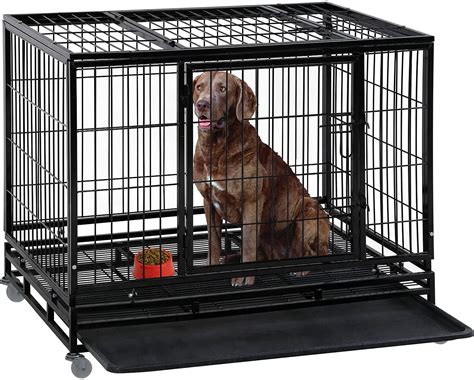 36-inch dog crate for pets under 32 x 21 inches (LxH), like a Corgi, Brittany, Cocker Spaniel, or French Bulldog ; Durable metal wire construction with manual door locking mechanism for secure containment. Sets up quickly and folds down flat for easy transport or compact storage; top handle for comfortable carrying. 1 door and a divider for .... 