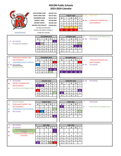 Rocori School District Calendar 2024-2024