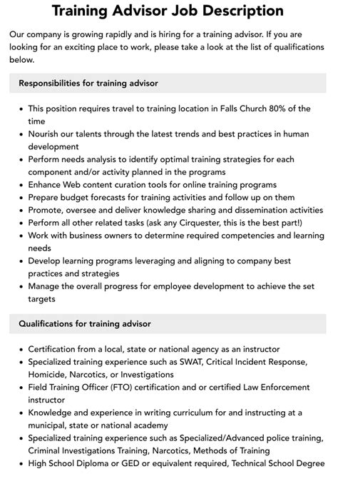 Role Description Training Advisor – Identified