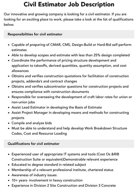 Roles and responsibilities of estimator