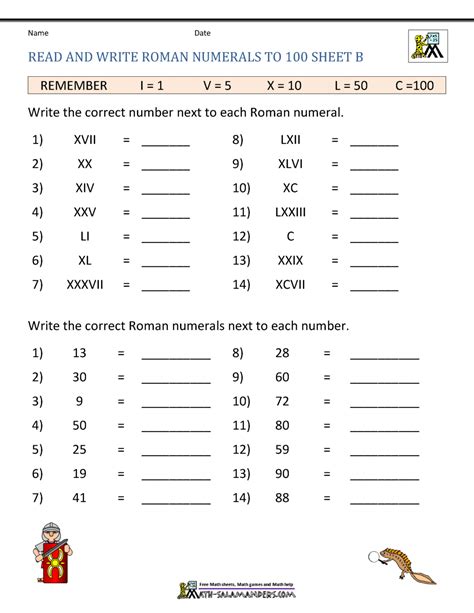 Roman Numerals Worksheet for Reading and Writing Practice