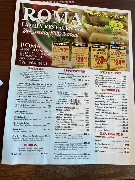 Get reviews, hours, directions, coupons and more for Roma Restaurant at 385 Front St, Richlands, VA 24641. Search for other Italian Restaurants in Richlands on The ...