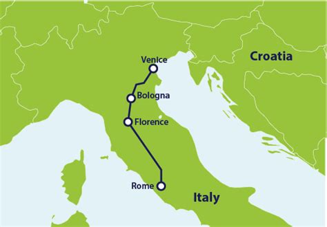 Rome to venice. The top cities between Rome and Venice are Florence, Bologna, Siena, Padua, Perugia, Ferrara, Orvieto, Modena, San Gimignano, and Arezzo. Florence is the most popular city on the route. It's 3 hours from Rome and 2 hours from Venice. Show only these on map. 1. 
