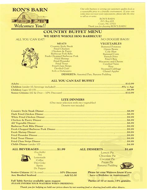 Download. Explore our extensive menu featuring american food. We offer many items such as ribs. Discover our choice of fine entrees at Big Ron's Bbq Barn & Hickory Hut. Many consider us the best place to eat in Brookhaven. Give us a call at (601) 757-5454 and we'll guarantee you a fine night out.. 