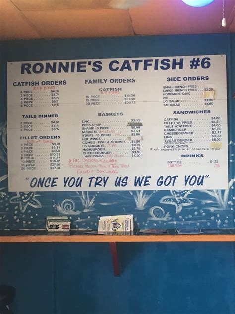 Ronnies catfish. 4158 E Rosedale St, Fort Worth. (817) 534-6038. Menu Order Online. Take-Out/Delivery Options. take-out. delivery. Customers' Favorites. Whole Catfish Dinner. … 