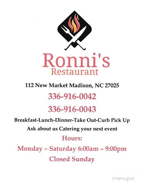 Ronni's Restaurant. Add to wishlist. Add to compare. Share. #1 of 34 restaurants in Madison. Add a photo. 19 photos. Ronni's Restaurant in Madison serves …. 