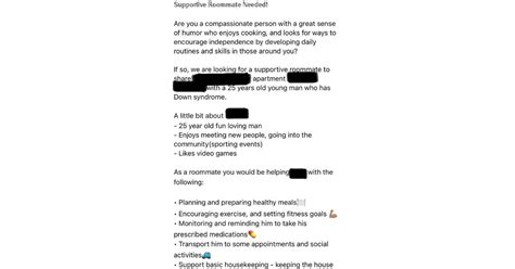 Roommate Ad Offers Free Rent in Exchange for Full Time Care of Down Syndrome Adult