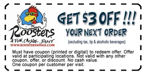 Roosters coupons. Jul 28, 2023 · Zaxby's BOGO deal for National Chicken Wing Day. Zaxby’s, which has more than 900 locations in 17 states, has a buy-one-get-one-free deal Friday and Saturday on its 10-piece traditional wings ... 