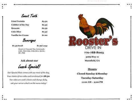 Roosters drive inn menu. Roosters lunch Special Fried Pork Chops Grilled Pork Chops Mashed potatoes Cabbage Blackeye peas Lima beans Mac & Cheese Fried okra Potato salad Coleslaw Peach cobbler Yum,Yum. Only... 