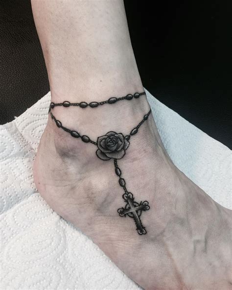 Rosary Tattoo On Ankle, Rosary Bead Tattoo, Necklace Tattoo, Bow Tattoo