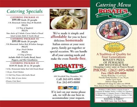 Rosati's catering menu. Our Menu Catering We're Hiring! Rosati's of Mesa (Mountain Rd.), AZ. Rosati's of Mesa (Mountain Rd.), AZ. 4425 S Mountain Road #101, Mesa, AZ 85296 Get Directions. 480-500-5566. Monday-Thursday: 3pm-8pm Friday and Saturday: 11am-10pm Sunday: 11am-8pm. Location Features. Carryout & Delivery; 