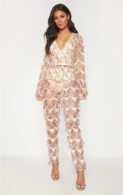 Rose Gold Tassel Sequin Plunge Jumpsuit