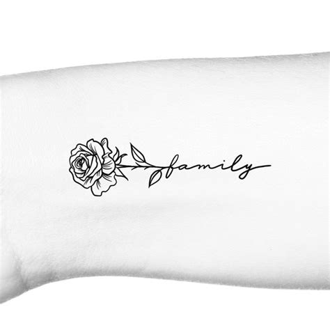 Rose Outline With Family in Cursive Stem Temporary Tattoo /