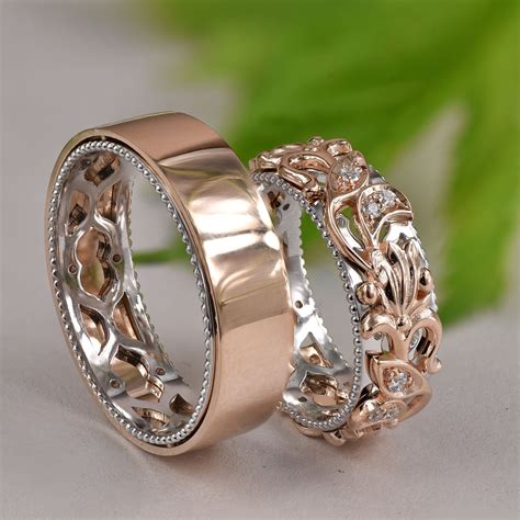 Rose gold ring set mens ladies wedding band 2 rings 14kt steel