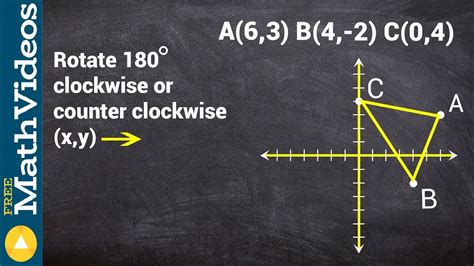 Rotated 180 about the origin. Performing rotations. Although a figure can be rotated any number of degrees, the rotation will usually be a common angle such as 45 ∘ or 180 ∘ . If the number of degrees are positive, the figure will rotate counter-clockwise. If the number of degrees are negative, the figure will rotate clockwise. 
