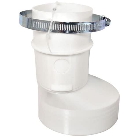 Round to oval dryer duct adapter. This product includes an oval shaped 4 in. galvanized steel worm drive clamp, for easy attachment of the in-wall oval duct to the oval portion of the adapter. The adapter can also be easily disconnected for regular cleaning of the dryer duct. Made of high impact polystyrene. Suitable for use with 4 in. flexible or semi-rigid dryer transition ducts. 