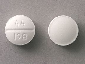 This white round pill with imprint 44 198 on it has been identified as: Dimenhydrinate 50 mg. This medicine is known as dimenhydrinate. It is available as a prescription and/or OTC medicine and is commonly used for Insomnia, Motion Sickness, Nausea/Vomiting. 1 / 5 Details for pill imprint 44 198 Drug Dimenhydrinate Imprint 44 198 Strength 50 mg. 
