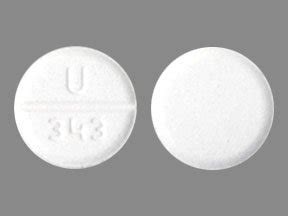 Round white pill u 343. Baclofen tablets USP, 5 mg are available as white to off white, round, flat-faced, beveled-edge, uncoated tablets debossed with "B1" on one side and "U" on the other side, containing 5 mg baclofen, USP and are supplied as follows: ... U;343 Contains ... Due to inconsistencies between the drug labels on DailyMed and the pill images provided by ... 