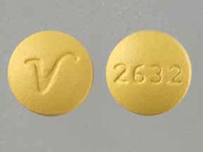 Round yellow pill 2632. What kind of pill is yellow with a yellow V on it? Pill with imprint 2632 V is Yellow, Round and has been identified as Cyclobenzaprine Hydrochloride 10 mg. It is supplied by Qualitest Pharmaceuticals Inc.. Cyclobenzaprine is used in the treatment of sciatica; muscle spasm and belongs to the drug class skeletal muscle relaxants . 