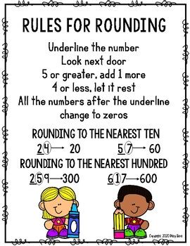 Rounding rules anchor chart. Let’s jump in and talk Rounding: 3.NBT.1. First things first, Rounding is NOT a critical skill for 3rd Grade. I would not spend any longer than 1 week (max) focusing on this skill. Students WILL need to know and understand how to round in the 4th grade (they will round to larger place values). Now, I want you to forget about all prior ways of ... 