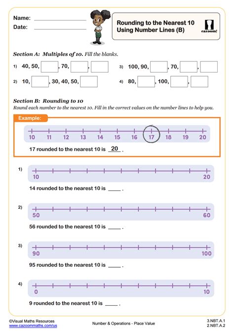 Rounding to the Nearest Ten Using a Number Line Printables 3rd Grade