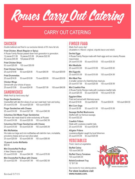 Rouses catering menu pdf. Rouses Market #62. 3446 Drusilla Ln., Baton Rouge, LA 70809. make my store get directions. Contact(225) 766-4800. Hours6:30am-10pm Daily. 