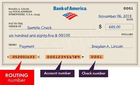 Routing number 052001633. Digits 5-8 indicate the bank's unique ABA identity with a given Federal Reserve district. The last digit is a checksum digit. An example of a routing number for Bank of America is 052001633. 05 indicates the bank is in the Richmond Federal Reserve region. 2 is for the Federal Reserve check processing center. 
