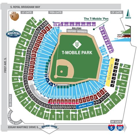 On the T-Mobile Park seating chart, the View Level is made up of sections 306-347. These are typically the cheapest tickets for a Mariners game, but guests can also find some outstanding views of the game and the surrounding area. View Level sections have 25 rows of seats with an entrance at row 5..