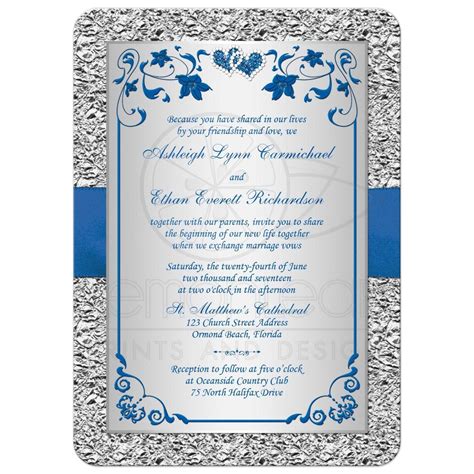 Royal Blue Wedding Invitation FAUX Foil, Silver Floral Printed
