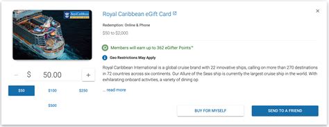 Royal caribbean gift card. Explore deck-defying discoveries, world-class dining, and the best cruise entertainment onboard Allure of the Seas® - the most awarded ship in the world. This Oasis Class favorite brings adventure to soaring new heights. Discover next-level thrills on every deck of Allure of the Seas®, from white-knuckle zip line … 