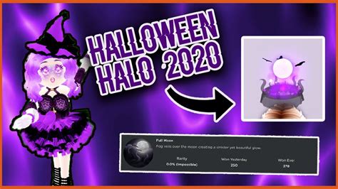 photo source: royale-high.fandom.com. JamJooJoo created the Halloween 2020 Halo as a part of the Halloween 2020 event in Royale High. This accessory was customizable and had three color options. Players could have chosen the raven pattern, changed the moon cloud and sparkles, or altered the Halo base, veil, and lower cloud.. 