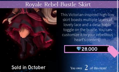 Royale rebel skirt worth. Skirt. Average Value: 15,782. Community Value: 16,000. Want to be a shadow empress, do you? Get in touch with your darkest self in this gorgeous jeweled skirt featuring crinoline and bow accents. This skirt receives 2 out of 5 on the Royale Floof Scale and looks divine in any color or fabric. 