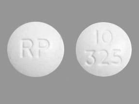 The White, Round Pill with imprint RP 10 325 has been identified as Acetaminophen and oxycodone hydrochloride 325 mg / 10 mg. It is supplied by Rhodes Pharmaceuticals L.P. Acetaminophen is a mild painkiller while Oxycodone is a strong narcotic pain-reliever and cough suppressant similar to morphine and rapidly produces tolerance which can lead ...